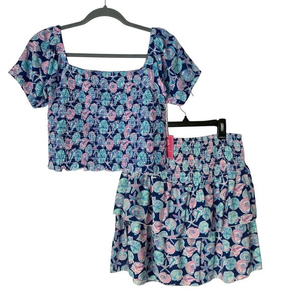 Simply Southern Dresses & Skirts - NWT Simply Southern Seashell Print 2-Piece Set Top & Skirt Blue/Pink- Size Large